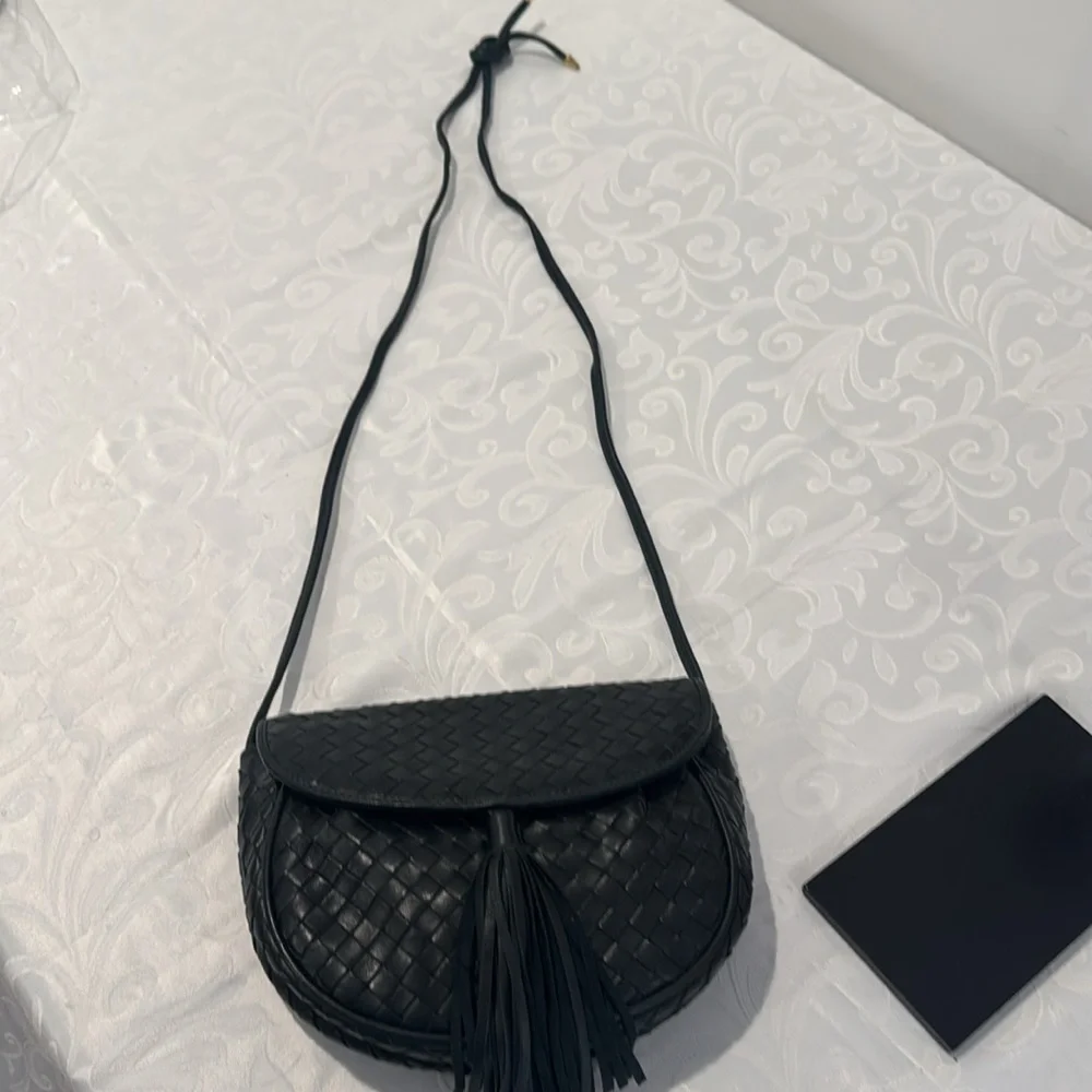 Black/Deep Green Woven Leather Crossbody Bag with Tassel